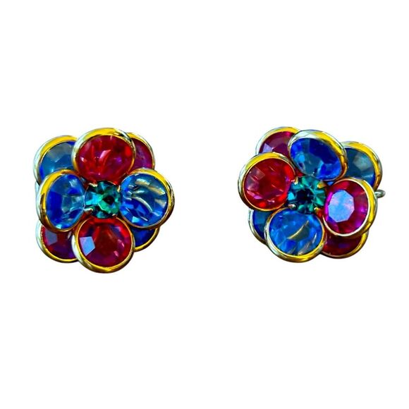 Vintage Jewelry - Vintage Floral Clip-On Earrings Gold-Tone Multicolor Gemstone Retro Jewelry